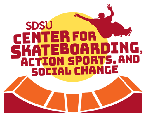 Center for Skateboarding, Action Sports, and Social Change icon sun with outline of person skateboarding